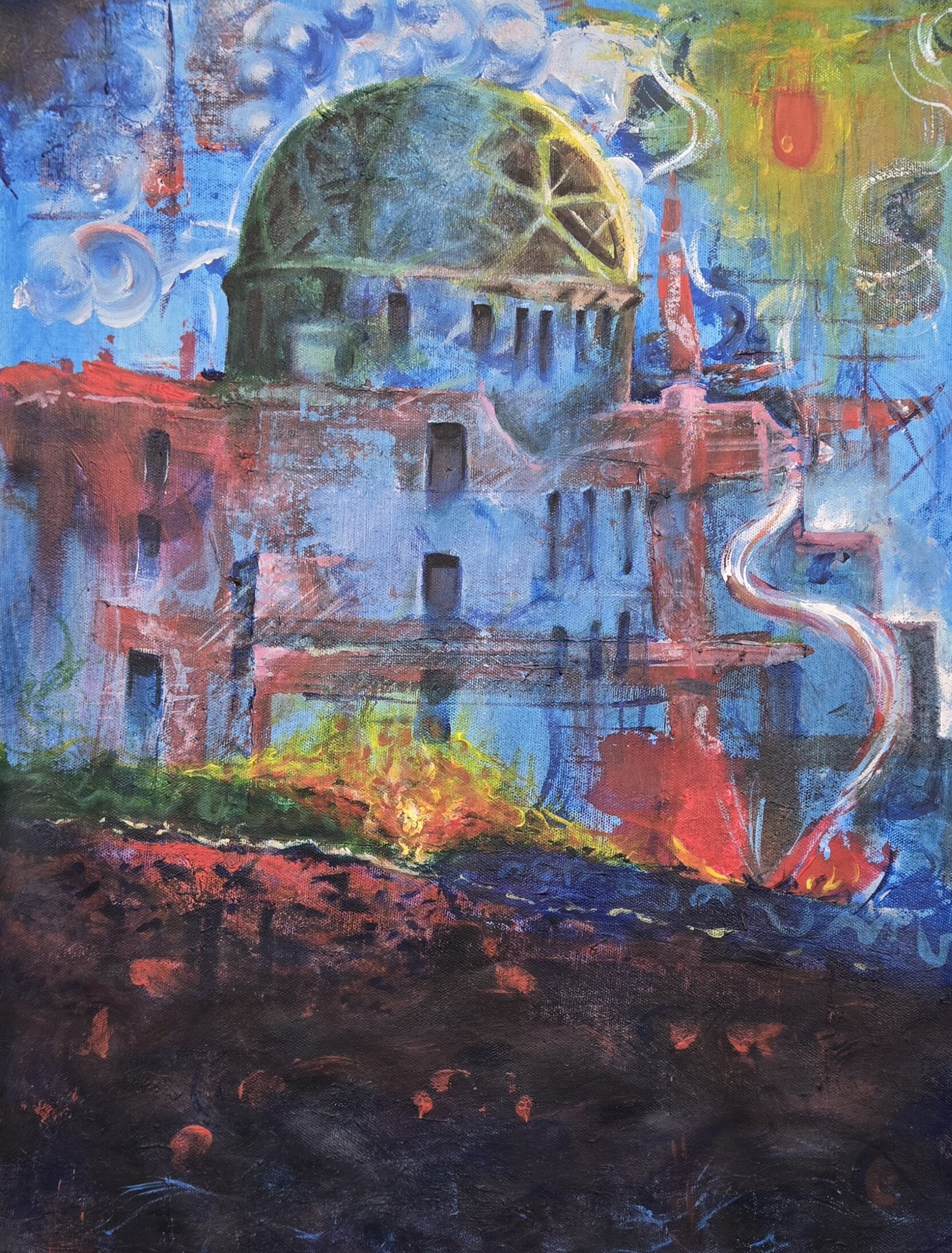 Peinture abstraite très colorée où l’on distingue des formes évoquant le dôme d’Hiroshima, un soleil rappelant l’explosion nucléaire dans les airs, ainsi que des éléments semblables au feu.