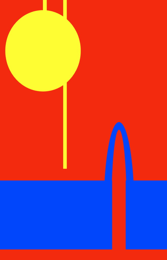 Un carré rouge contenant un cercle et deux lignes jaunes, ainsi qu’une bande bleue traversée par une coupure rouge surmontée d’un pont bleu.