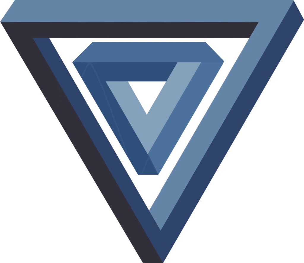 Un triangle bleu aux tonalités variées, représentant une forme impossible sans fin.
