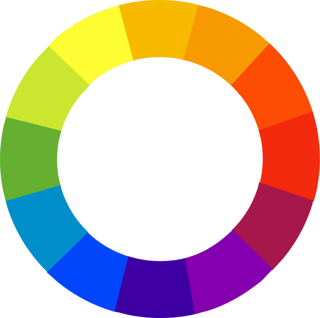 Le cercle chromatique est composé de plusieurs couleurs, dont le jaune, l’orange, le rouge, le magenta, le violet, le bleu et le vert.