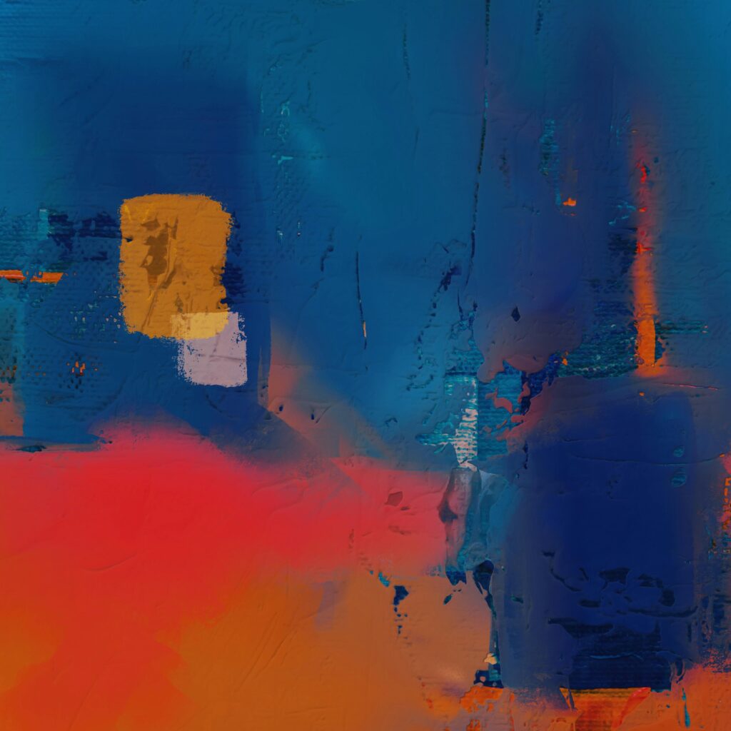 Peinture abstraite composée de deux couleurs principales : bleu et orange-rouge.
