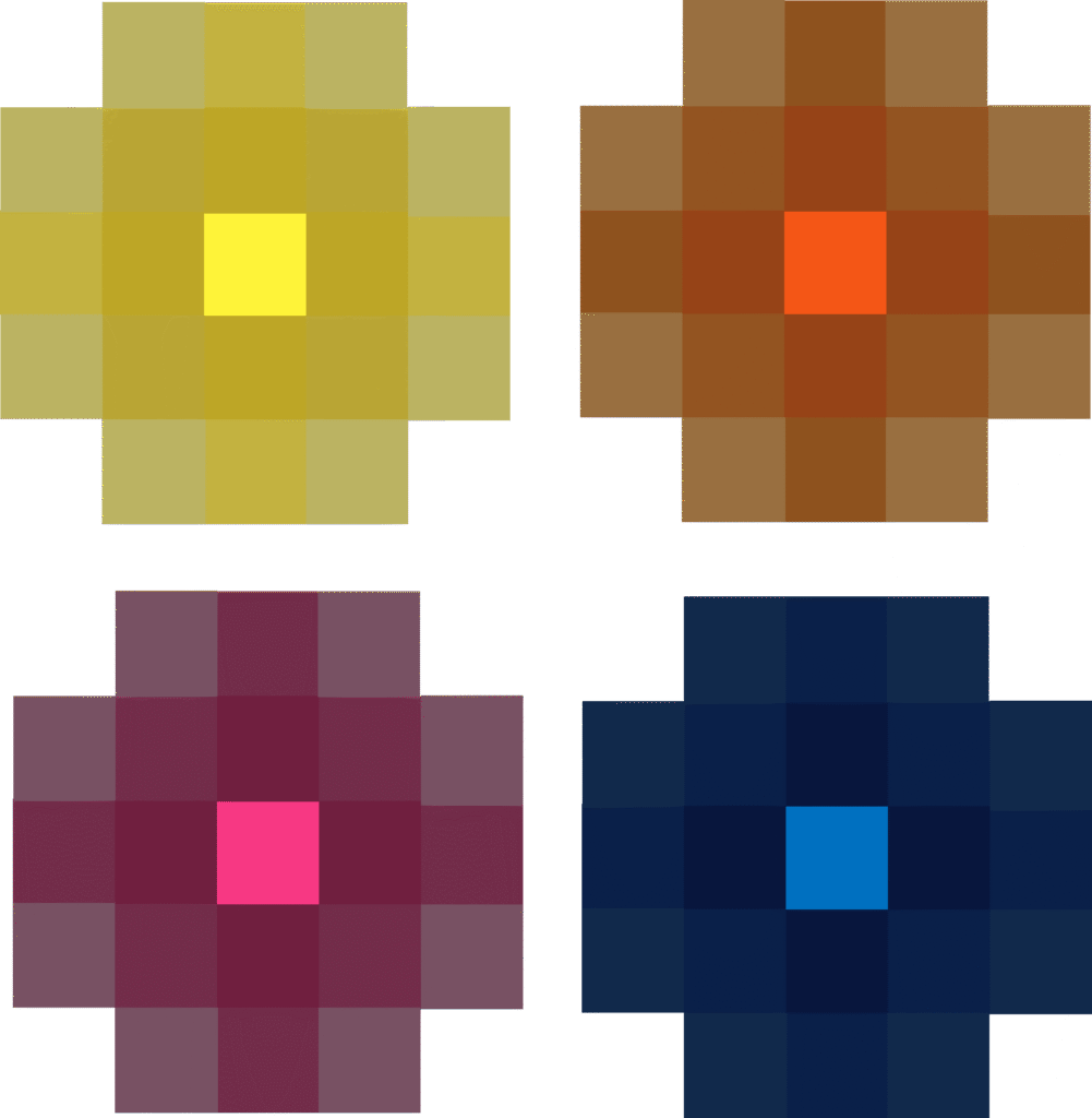 Quatre couleurs montrant la saturation décroissante : jaune, rose, bleu et orange.